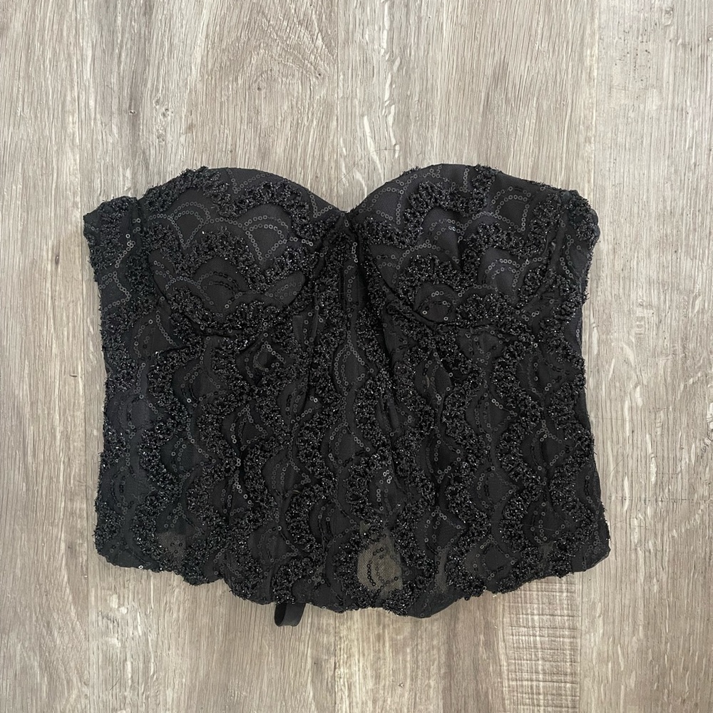 Black Lace Sequin Appliqué Corset with Lace up back NEW